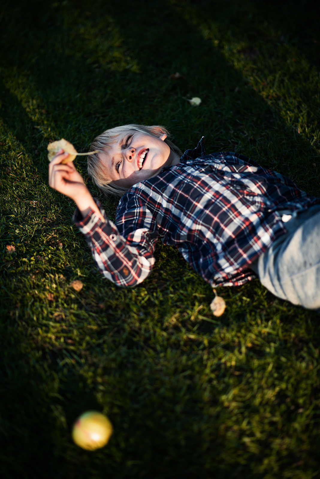 This joyful documentary family photograph captures a young boy laughing while lying on sun-dappled grass, holding a leaf with an apple nearby, perfectly illustrating an authentic and carefree childhood story.
