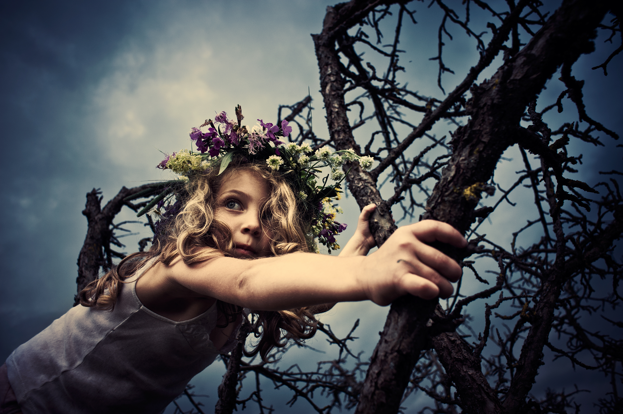 An artistic documentary family photograph captures a young girl adorned with a flower crown as she peers thoughtfully from a gnarled tree against a dramatic sky, embodying the authentic storytelling of childhood.